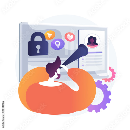 Social media stalking. Invasion in online privacy. Cyberstalking, following, geotagging. Guy with binoculars looking at girls social profile. Vector isolated concept metaphor illustration