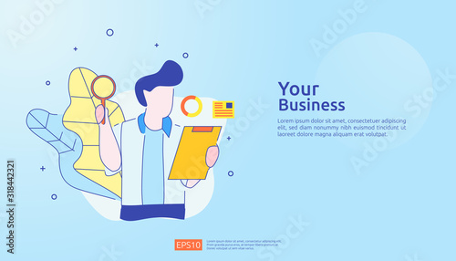 digital analysis concept for business market research, marketing strategy, auditing and financial. data visualization with character, charts and statistics for landing page, banner, presentation