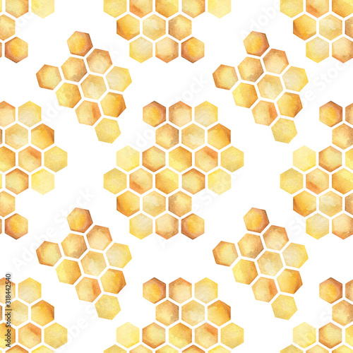  Watercolor seamless pattern with bee honeycombs.