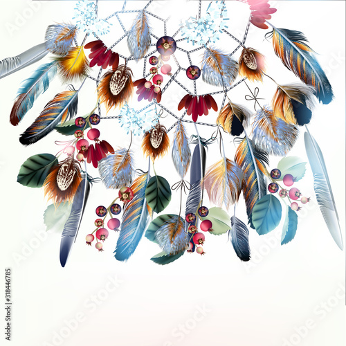 Beautiful vector fashion boho illustration with dreamcatcher feathers and berries