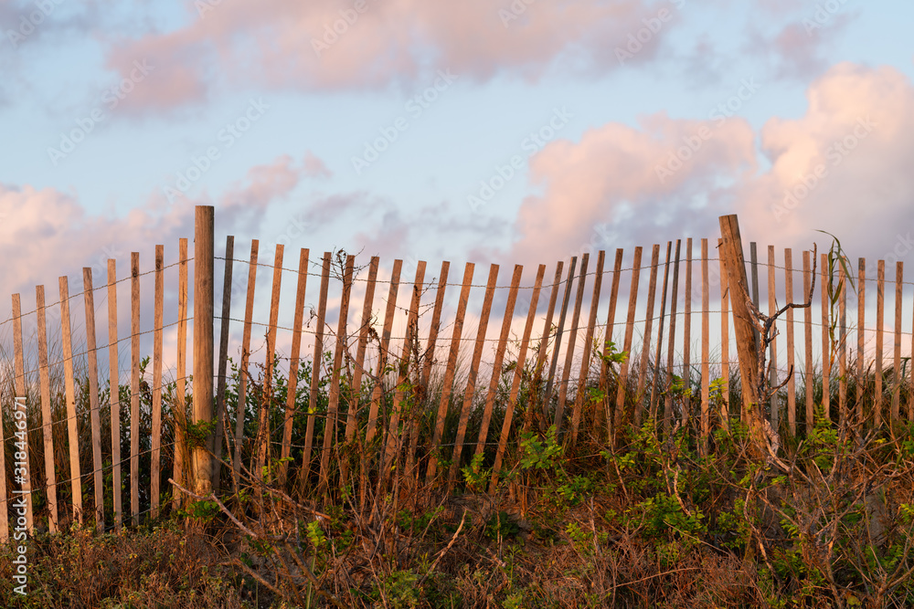 Obraz premium A typical wooden fence along the barrier sand dunes designed to keep tourists and children away from more dangerous sandy areas