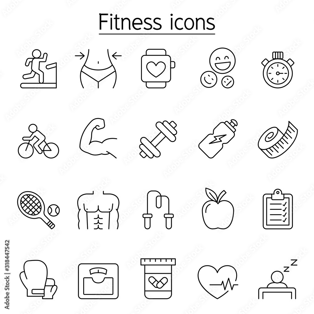 Fitness icon set in thin line style Fitness icon set in thin line style