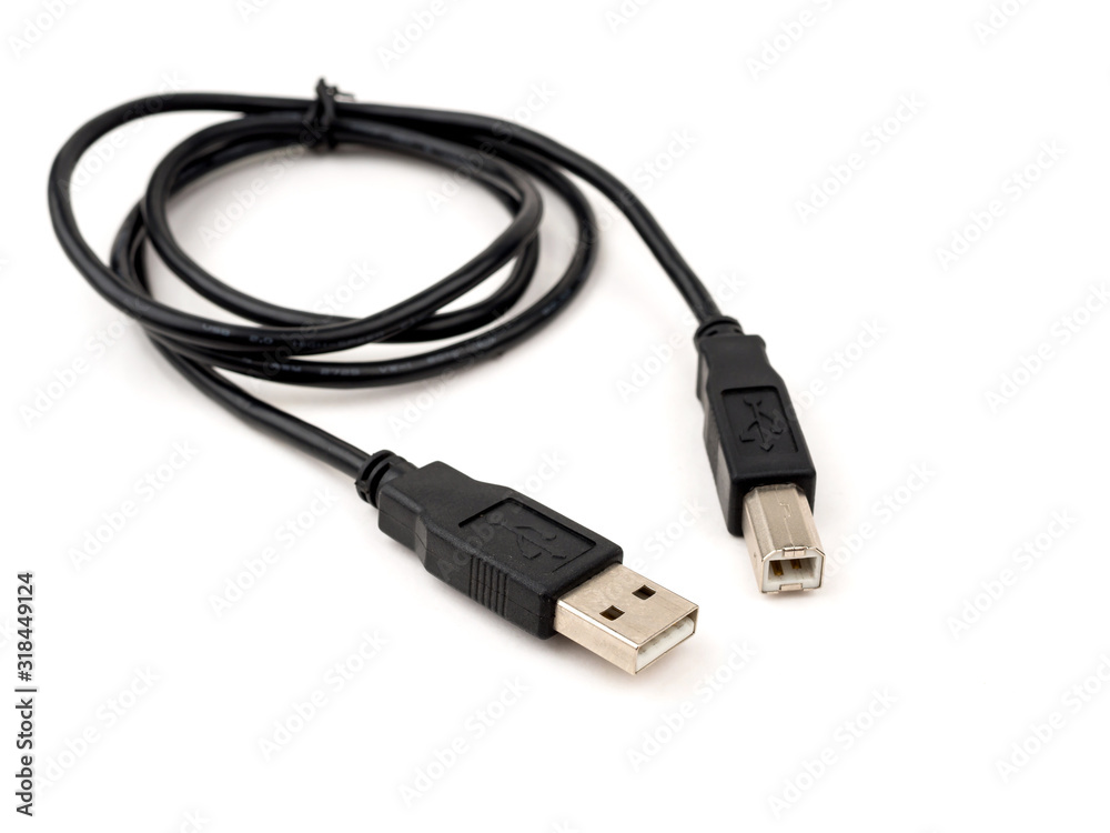 Priter USB Cable on white background. selective focus Priter USB Cable on white background. selective focus