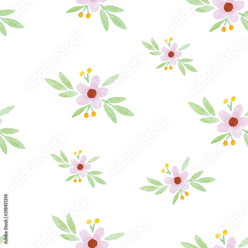 Watercolour, Bloom flower bouquet seamless repeat pattern illustration on white background, Spring flora green and pink hand painting in watercolour style