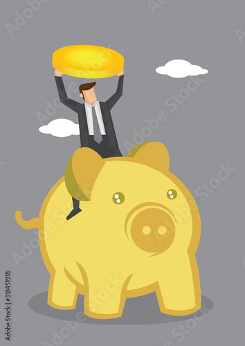 Businessman Riding on Golden Piggy Bank Vector Illustration