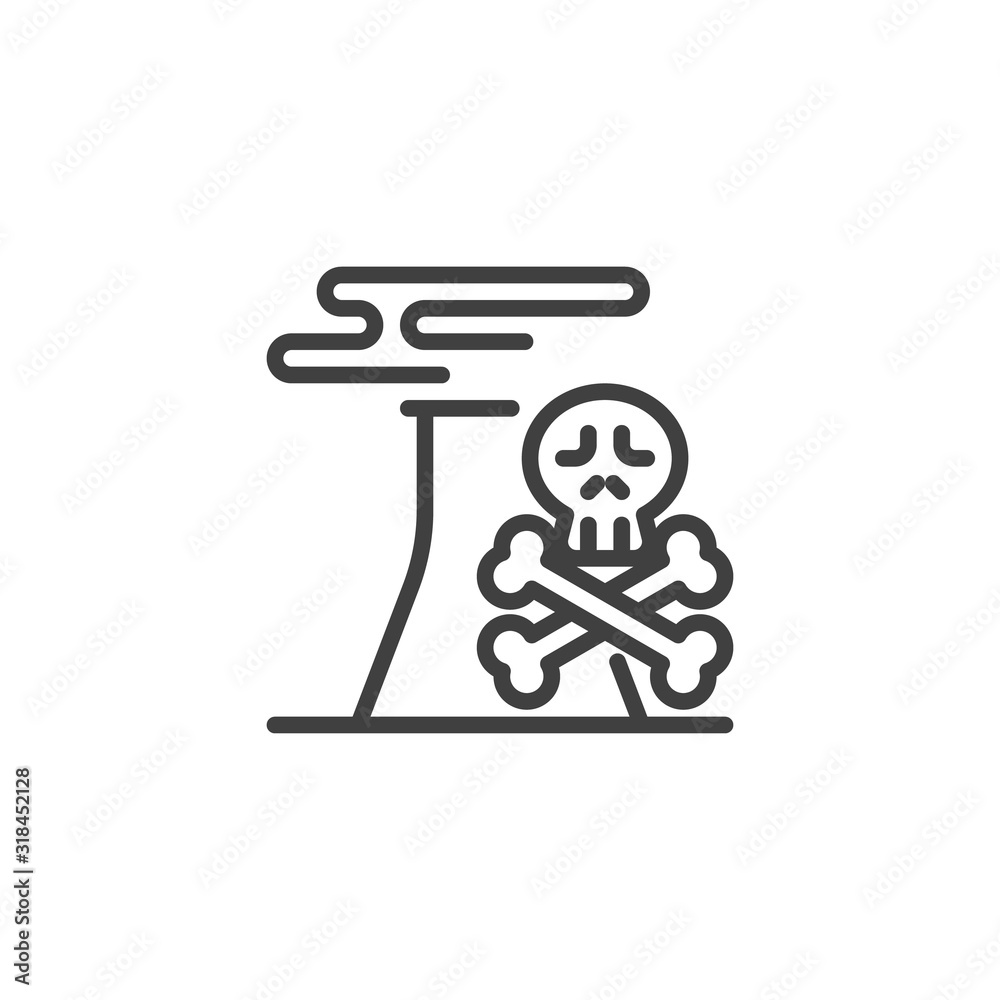 Factory air pollution line icon. Pipe with smog and death skull linear style sign for mobile concept and web design. Toxic factory chimney outline vector icon. Symbol logo illustration. Vector graphic
