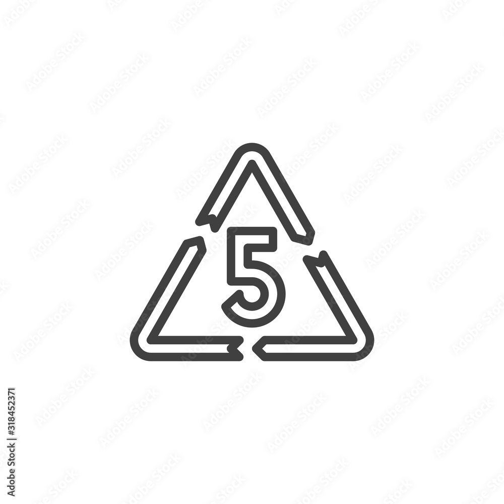 PP 5, industrial marking plastic line icon. linear style sign for mobile concept and web design. Polypropylene quality outline vector icon. Symbol, logo illustration. Vector graphics PP 5, industrial marking plastic line icon. linear style sign for mobile concept and web design. Polypropylene quality outline vector icon. Symbol, logo illustration. Vector graphics