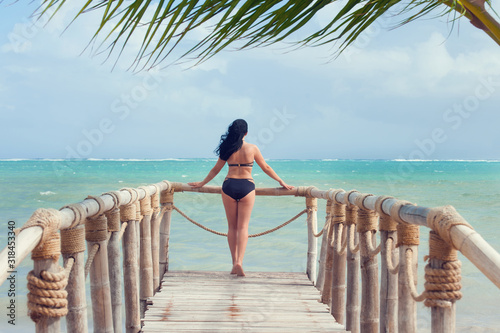 Young beautiful girl standing with her back on wooden bridge. Woman in the ocean view.