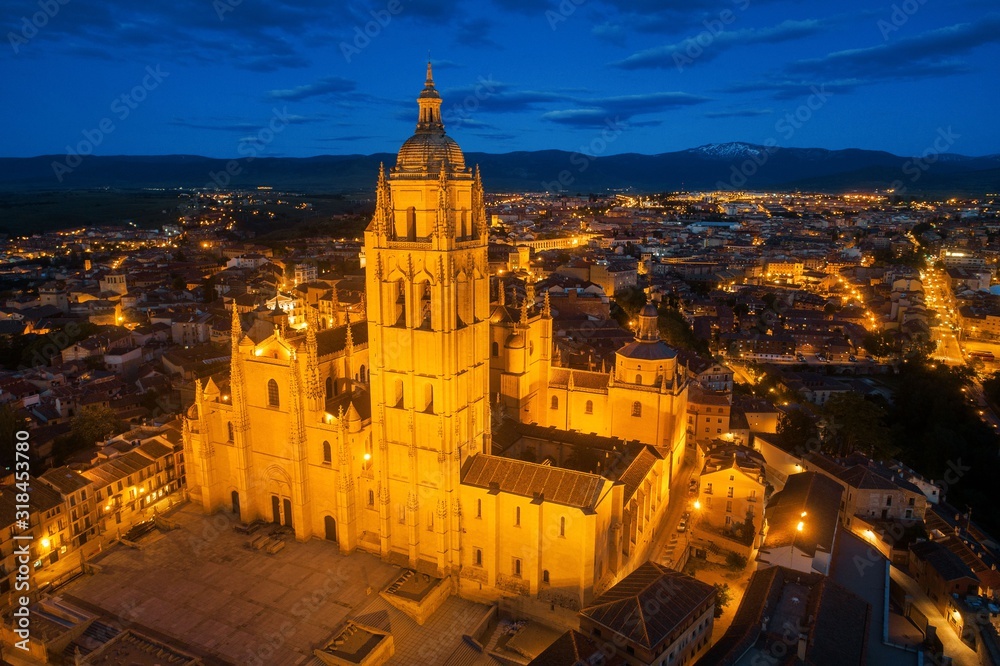 Segovia Cathedral aerial view at night