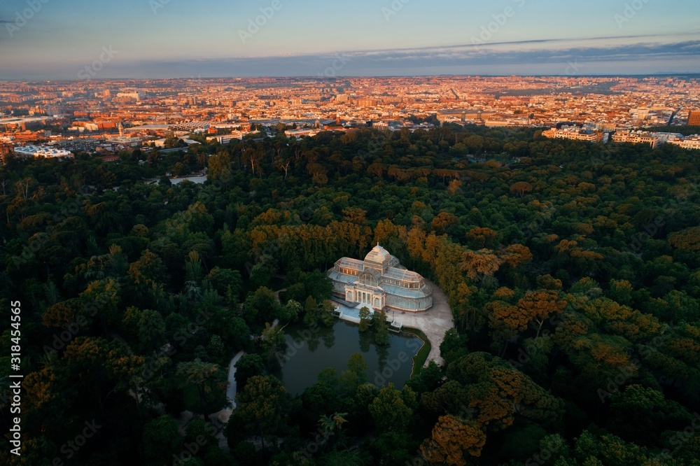Madrid El Retiro Park aerial view