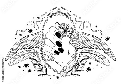 Hand holding a key with wings.Occult mystic emblem, graphic design tattoo. Esoteric sign alchemy, decorative style.
