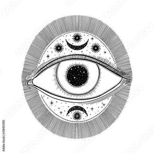 Evil Seeing eye symbol. Occult mystic emblem, graphic design tattoo. Esoteric sign alchemy, decorative style, providence sight.
