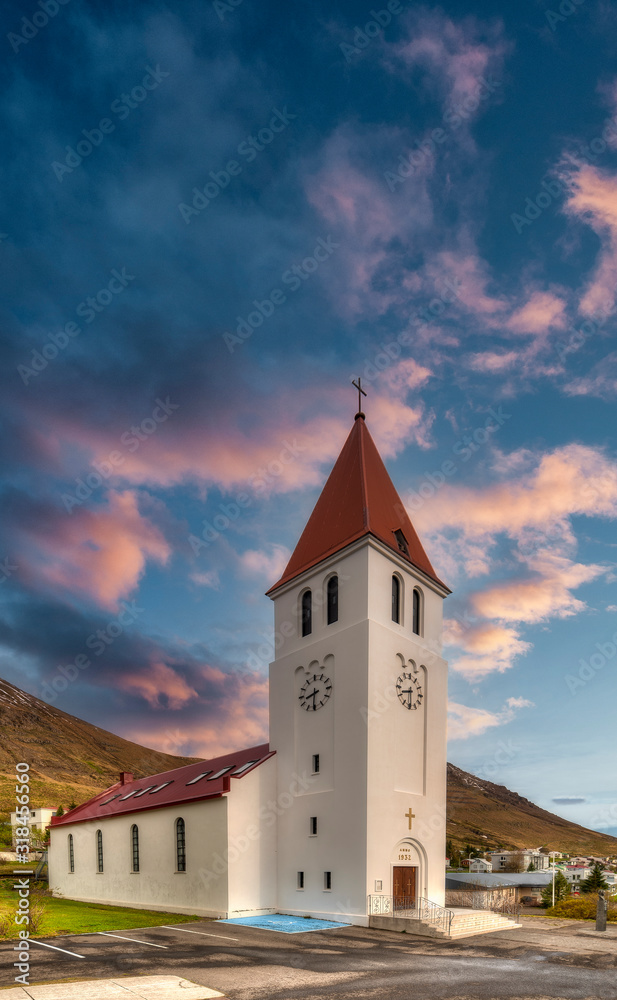 Siglufjordur church. The picturesque city of Siglufjordur - Iceland