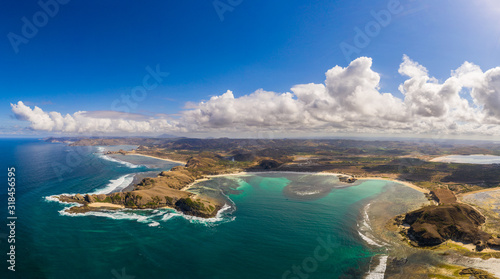 Panoramic aerial view of the stunning Tanjung Aan beach in south Lombok in Indonesia