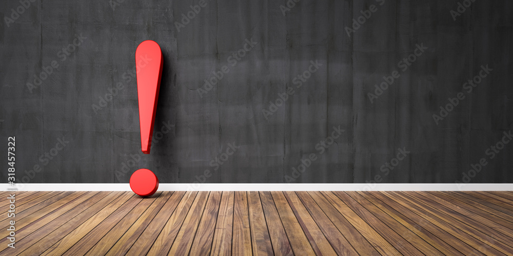 Red exclamation mark on wooden floor and concrete black wall 3D Illustration Warning Concept Red exclamation mark on wooden floor and concrete black wall 3D Illustration Warning Concept