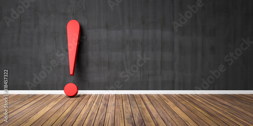 Red exclamation mark on wooden floor and concrete black wall 3D Illustration Warning Concept