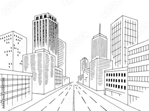 City road street graphic black white cityscape skyline sketch illustration vector