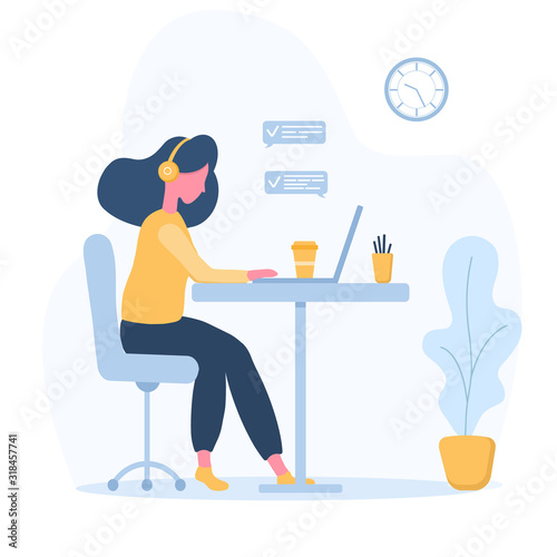 Womens freelance. Girl in headphones with laptop sitting at a table. Concept illustration for working, studying, education, work from home, healthy lifestyle. Vector illustration in flat style