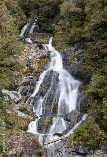 Fantail Falls at the trailhead of Mt Brewster at the Haast Pass Road on South Island, New Zealand. photo