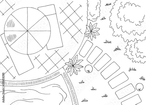 Garden landscape architect design backyard graphic black white sketch aerial view illustration vector