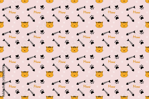 Seamless pattern of cat, paw and fish bone on pink background.