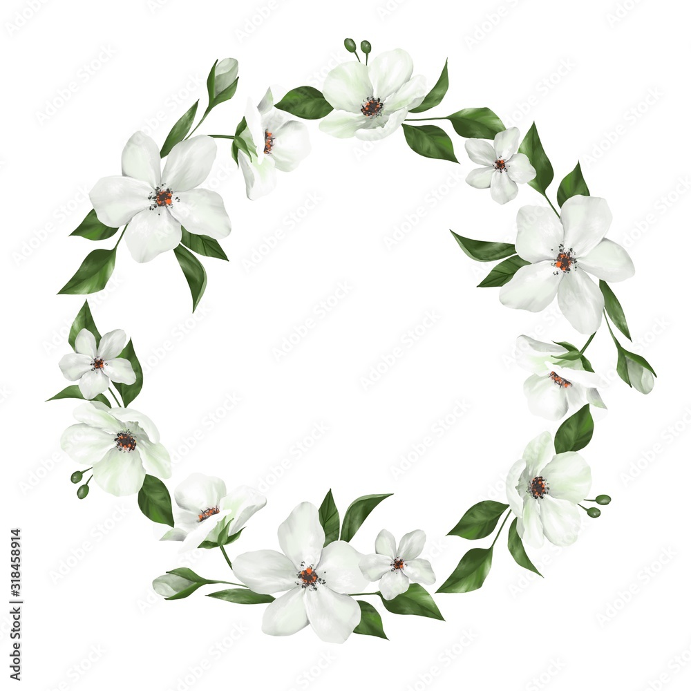 White design round frame. Wedding greenery banner. Apple flowers. Spring background for design