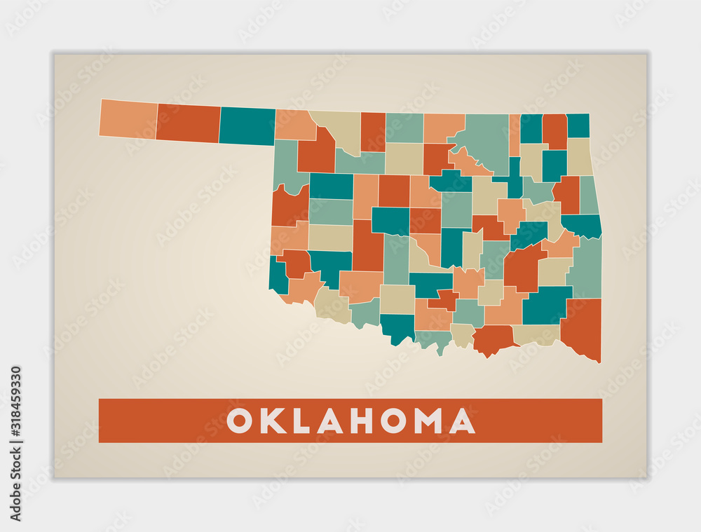 Oklahoma poster. Map of the us state with colorful regions. Shape of