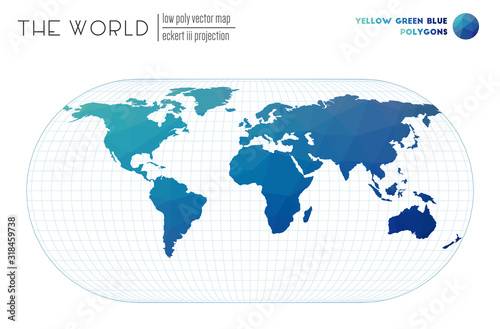 Vector map of the world. Eckert III projection of the world. Yellow Green Blue colored polygons. Energetic vector illustration.