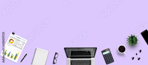 Top view office desk and supplies, with copy space. Creative flat lay photo of workspace desk/Panoramic banner and isolated on blue background