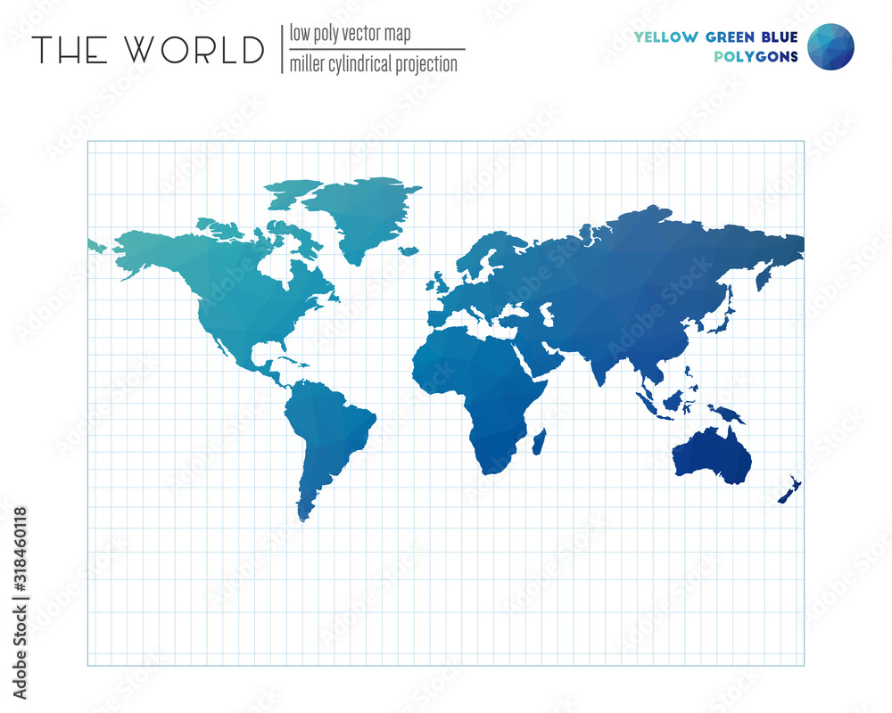Vector map of the world. Miller cylindrical projection of the world. Yellow, Green, and Blue colored polygons. Creative vector illustration. Vector map of the world. Miller cylindrical projection of the world. Yellow, Green, and Blue colored polygons. Creative vector illustration.