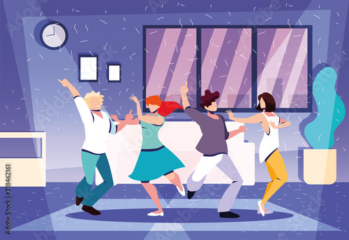 group of people dancing in home , party, music and nightlife