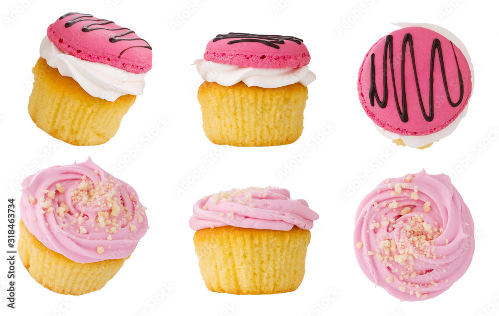 Cupcakes isolated. Set of cakes with pink cream and different side view isolated on white background, sweet baking dessert Cupcakes isolated. Set of cakes with pink cream and different side view isolated on white background, sweet baking dessert