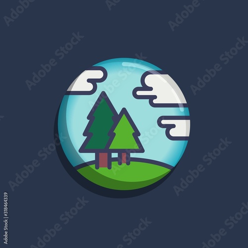 Nature landscape with trees and clouds flat icon. Round colorful button, Tree forest landscape circular vector sign. Flat style design