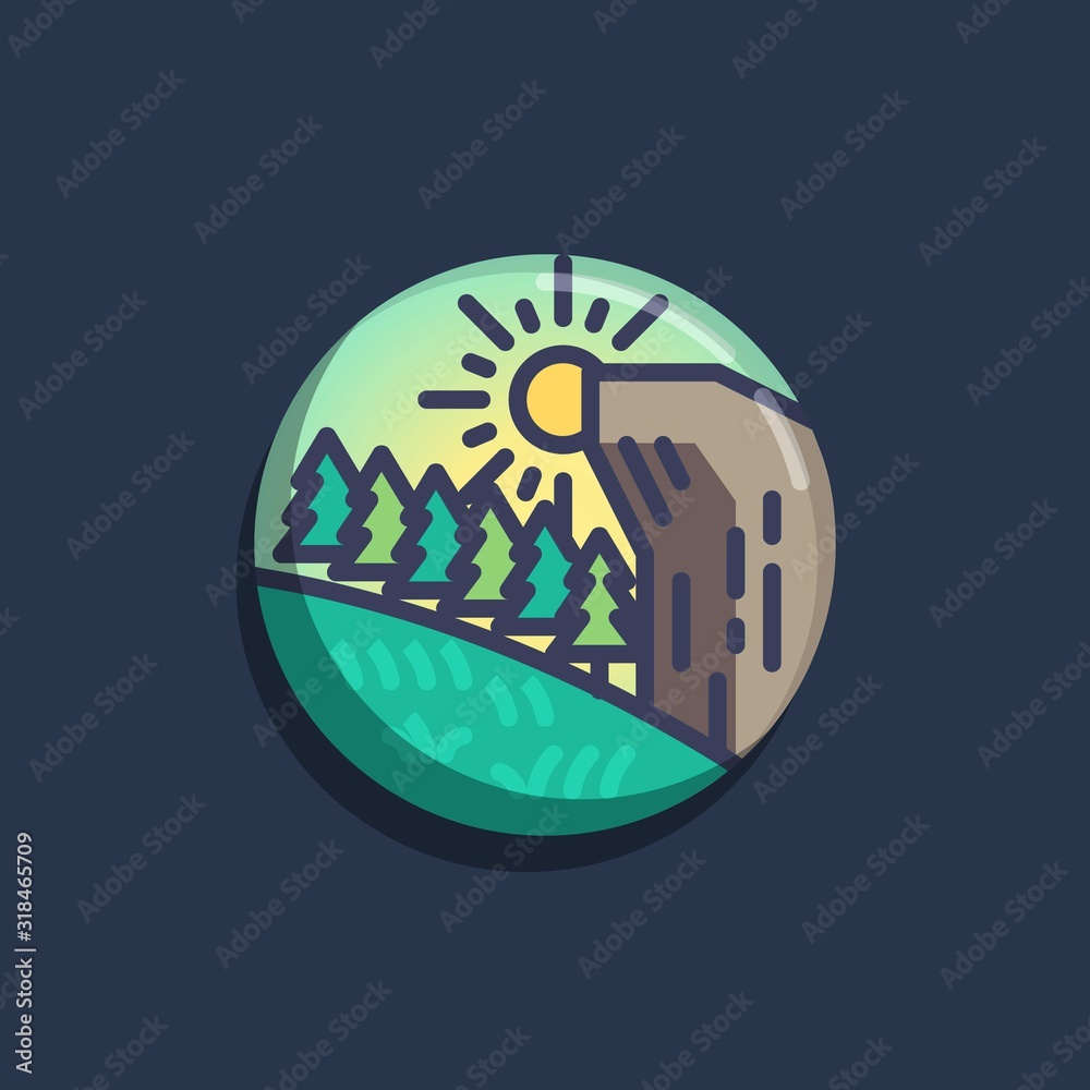 Forest trees with mountain and sun flat icon. Round colorful button, Mountain forest landscape circular vector sign. Flat style design Forest trees with mountain and sun flat icon. Round colorful button, Mountain forest landscape circular vector sign. Flat style design