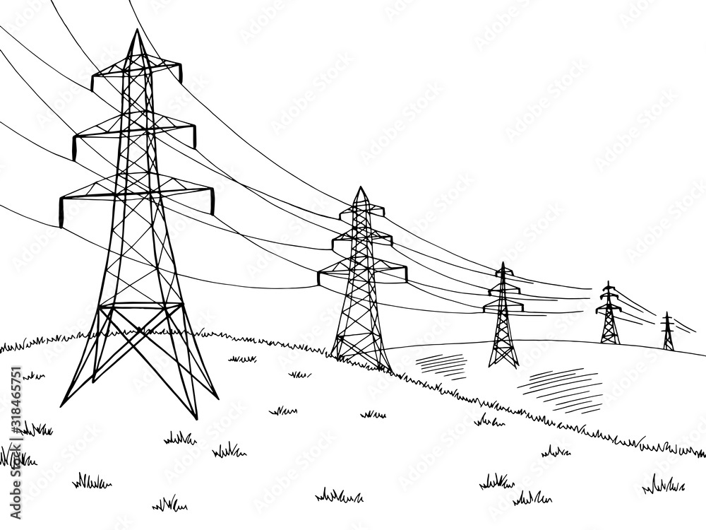 Power line graphic black white landscape sketch illustration vector ...