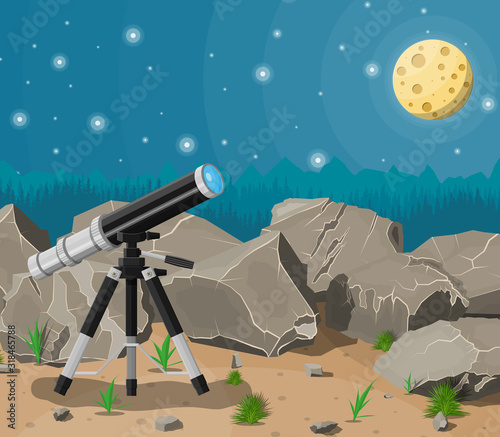 Observation through spyglass. Nature mountain landscape with telescope, moon and stars. Astronomy, research, observe and education. Vector illustration in flat style