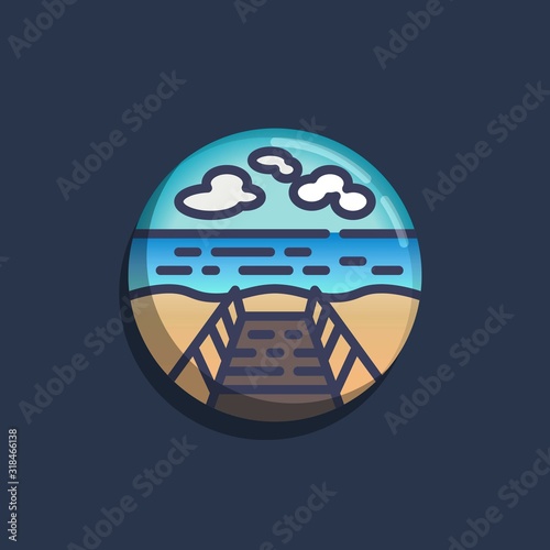 Pier at the seaside flat icon. Round colorful button, Wooden pier and the lake circular vector sign. Flat style design