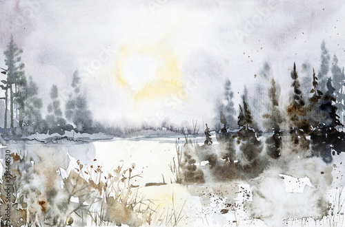 Watercolor illustration of a beautiful winter Russian forest at sunset