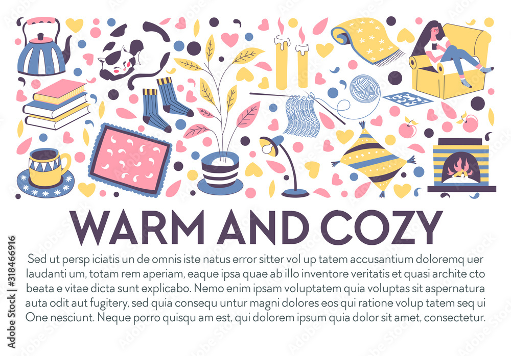 Winter evening at home, cozy and warm house items banner