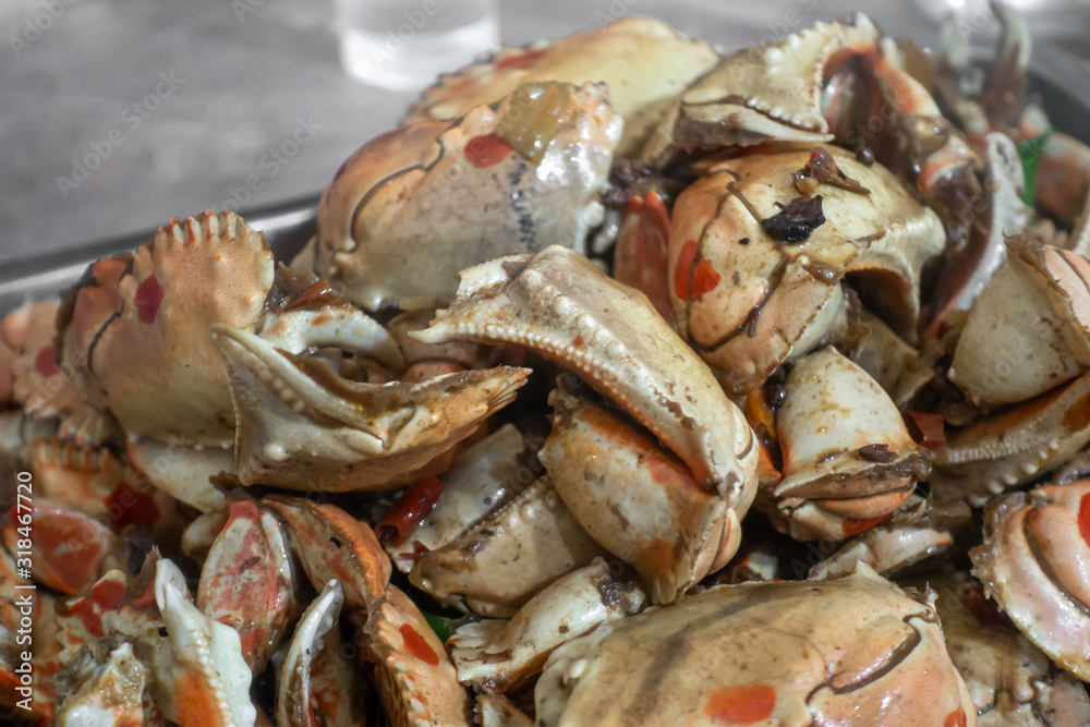 A plate of delicious spicy crab claws