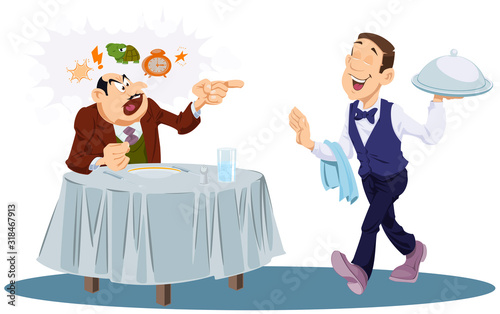 Angry client quarreling with waiter. Funny people.