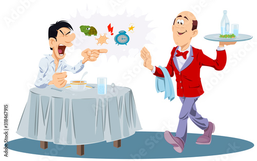 Angry client quarreling with waiter. Funny people.