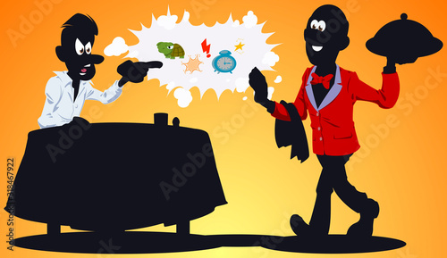 Angry client quarreling with waiter. Funny people.