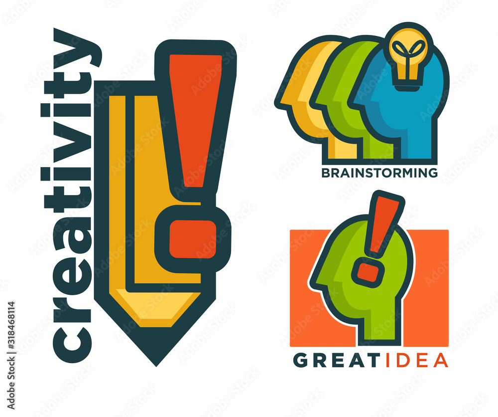 Creativity and brainstorming logo with exclamation point on head outline