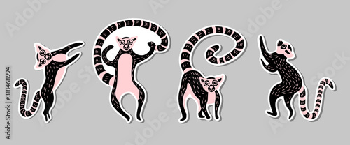Set of stickers with black and pink cute lemurs. Flat vector illustration.