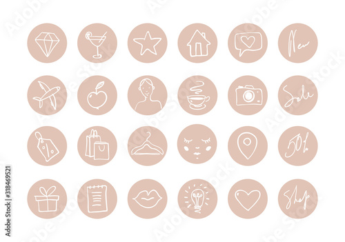 Set of hand drawn round icons for social networks, beauty, fashion, face and body care, women services store. Vector illustration isolated on a white background.