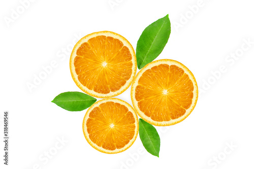 Three orange fresh fruit slices with green leaves isolated on the white background