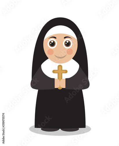 cute carton nun in black robes with a cross in her hands
