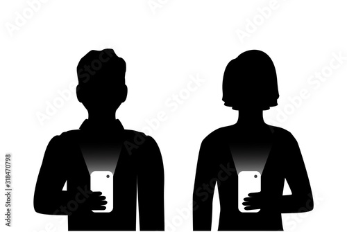 Silhouettes of men and women holding phones in their hands and do not communicate with each other. They are Internet addicts