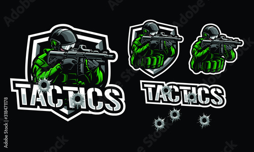 Tactics soldier mascot logo design for sport or e-sport logo isolated on dark background